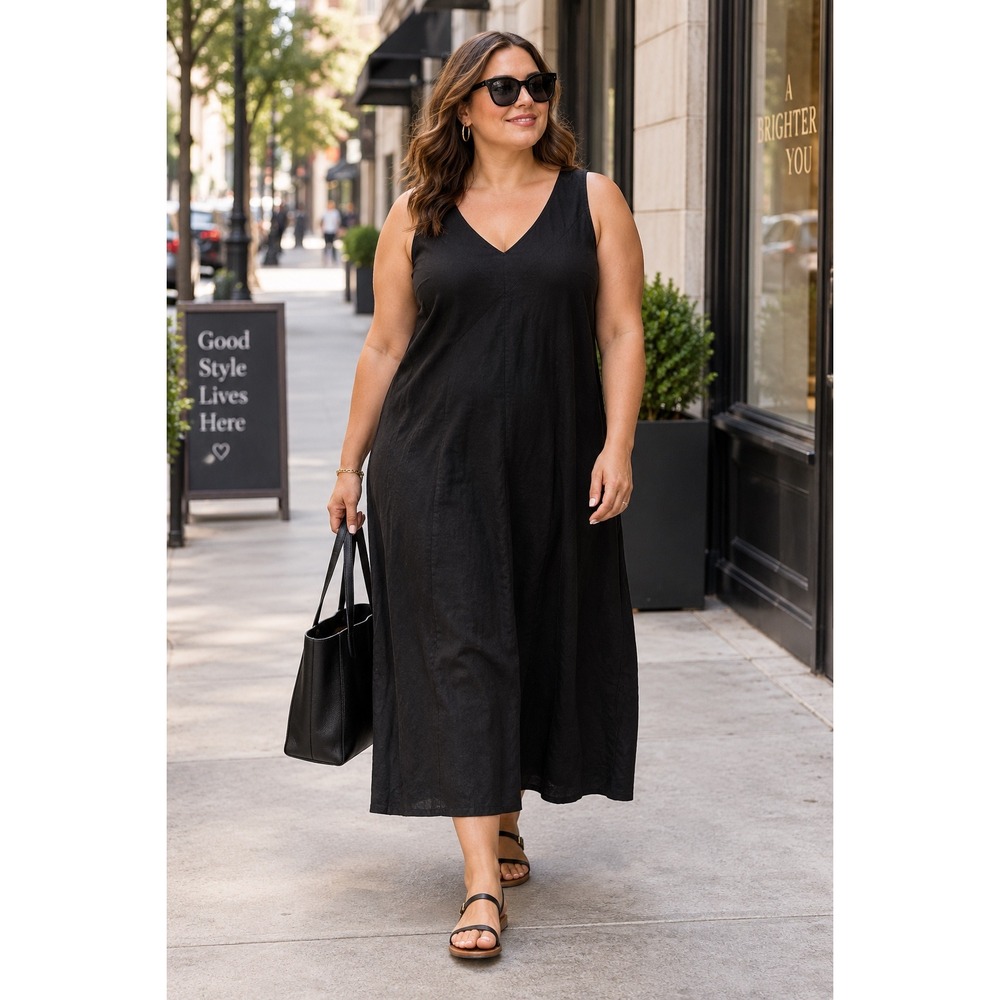DKNY Black Linen Blend V-Neck Sleeveless A-Line Midi Dress Plus Size XXL